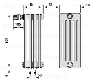Схема (чертеж) Радиатор Zehnder Charleston 6090/4 №V007 Белый глянцевый RAL 9016